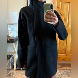 J. Crew Wool Black , Funnel Neck Coat with Gold Accent zippers, size 0
